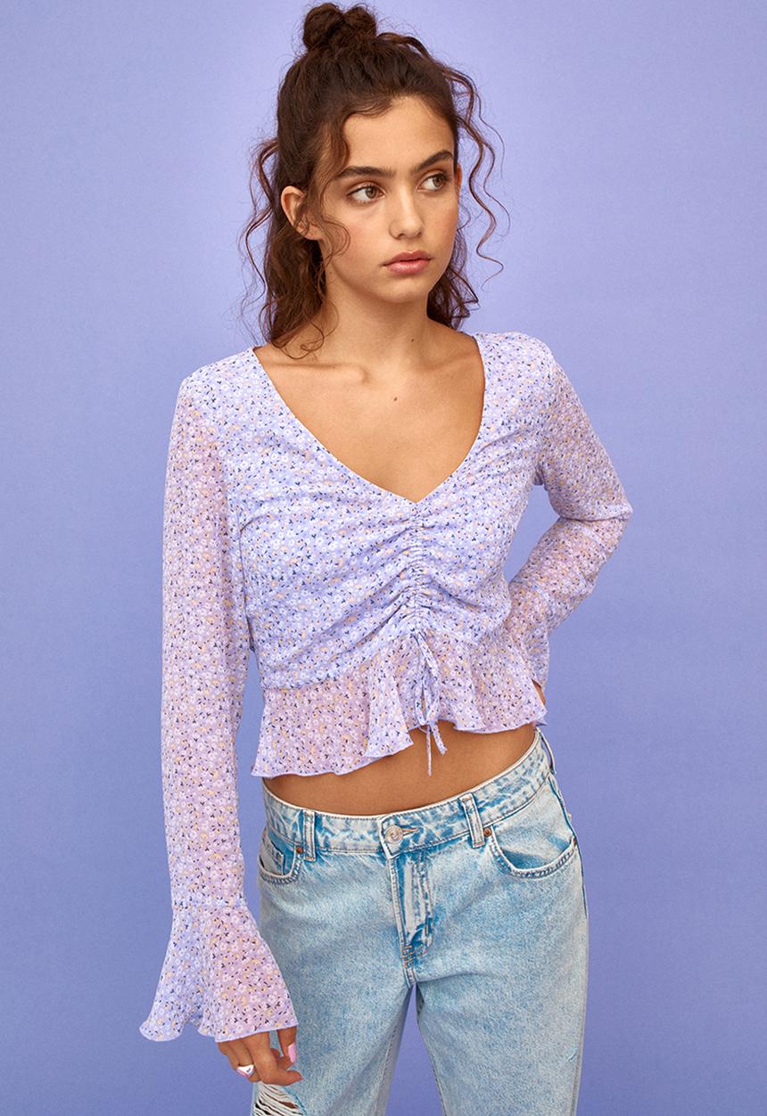 H&M - Drawstring-detail chiffon blouse - light purple/small flowers