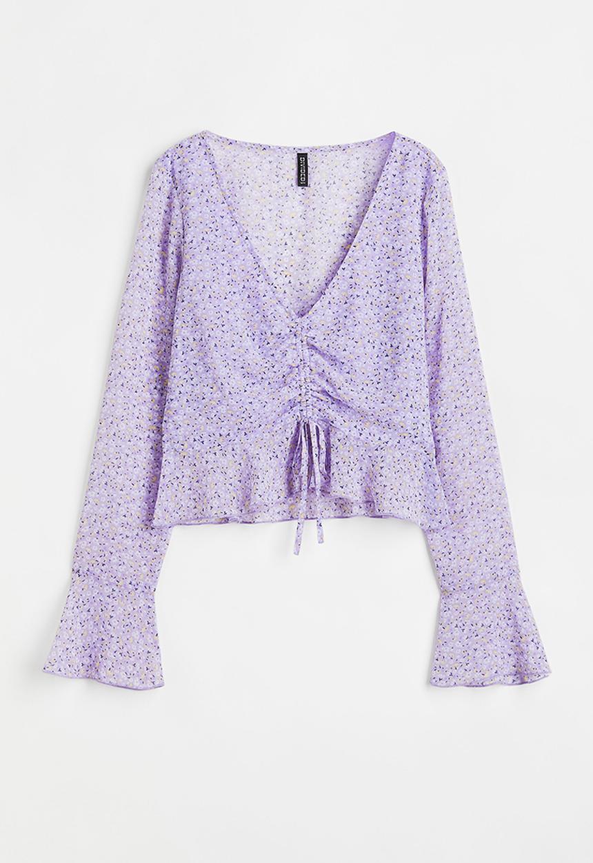 H&M - Drawstring-detail chiffon blouse - light purple/small flowers
