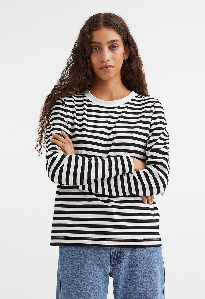 H&M - Cotton jersey top - black/striped