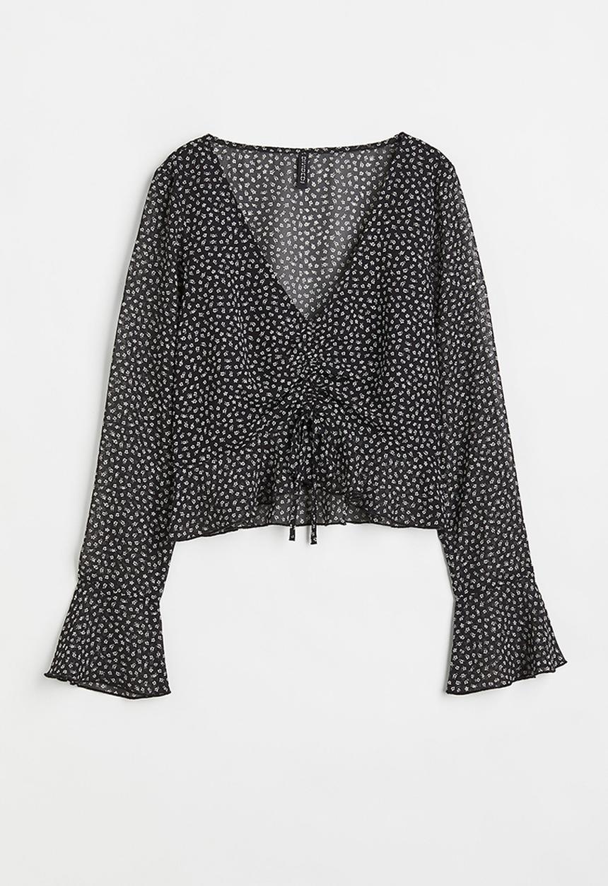 H&M - Drawstring-detail chiffon blouse -black/small flowers