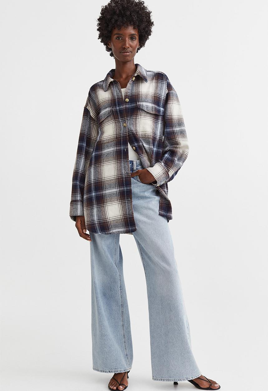 H&M - Oversized twill overshirt - dark brown/checked