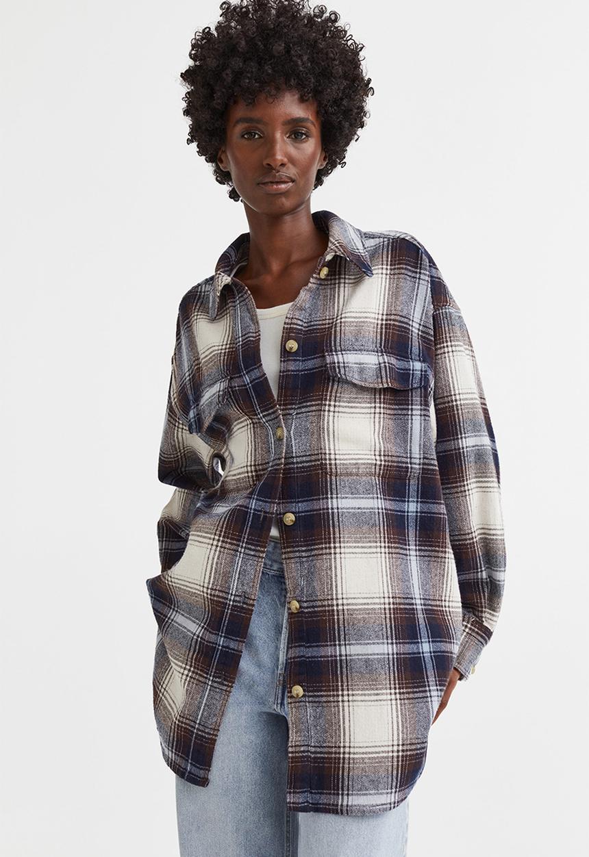 H&M - Oversized twill overshirt - dark brown/checked