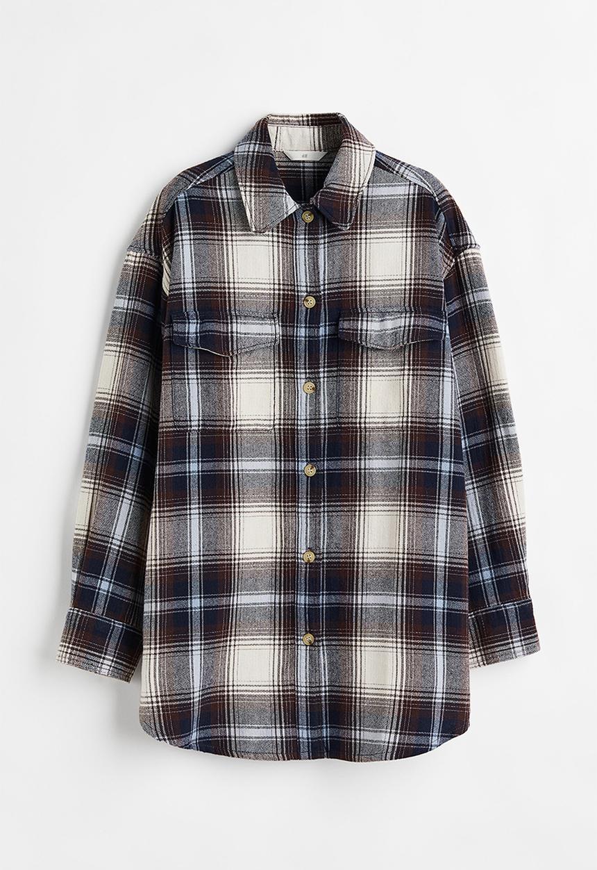 H&M - Oversized twill overshirt - dark brown/checked