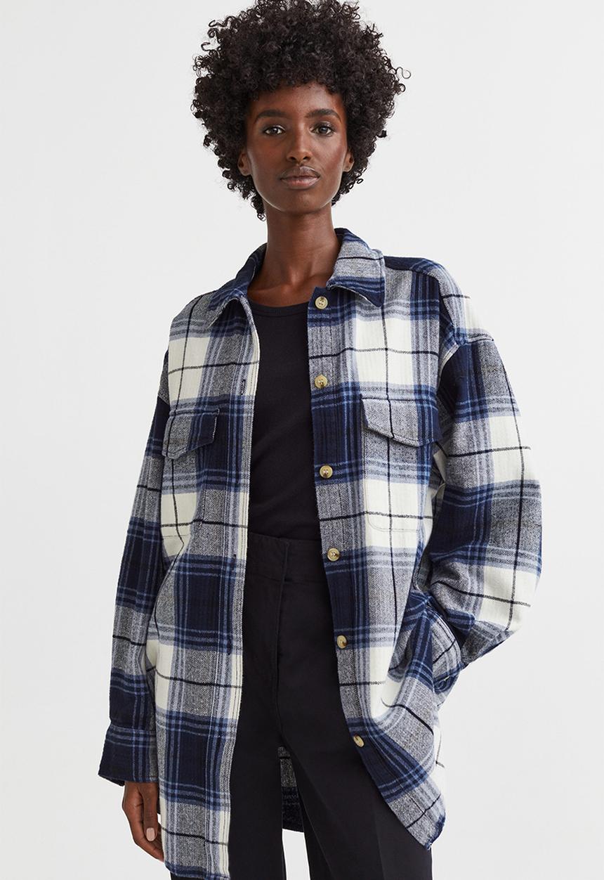 H&M - Oversized twill overshirt - dark blue/checked