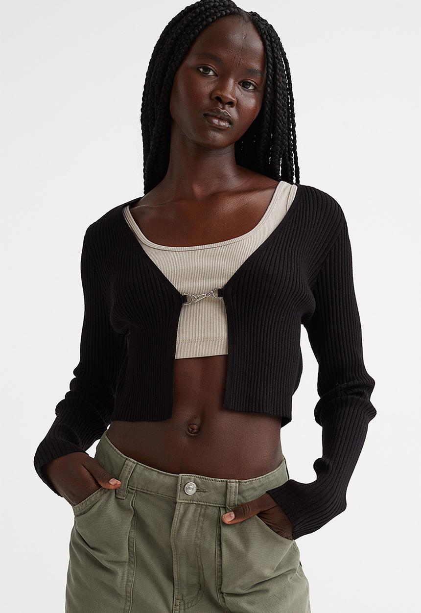 H&M - Cropped rib-knit cardigan - black