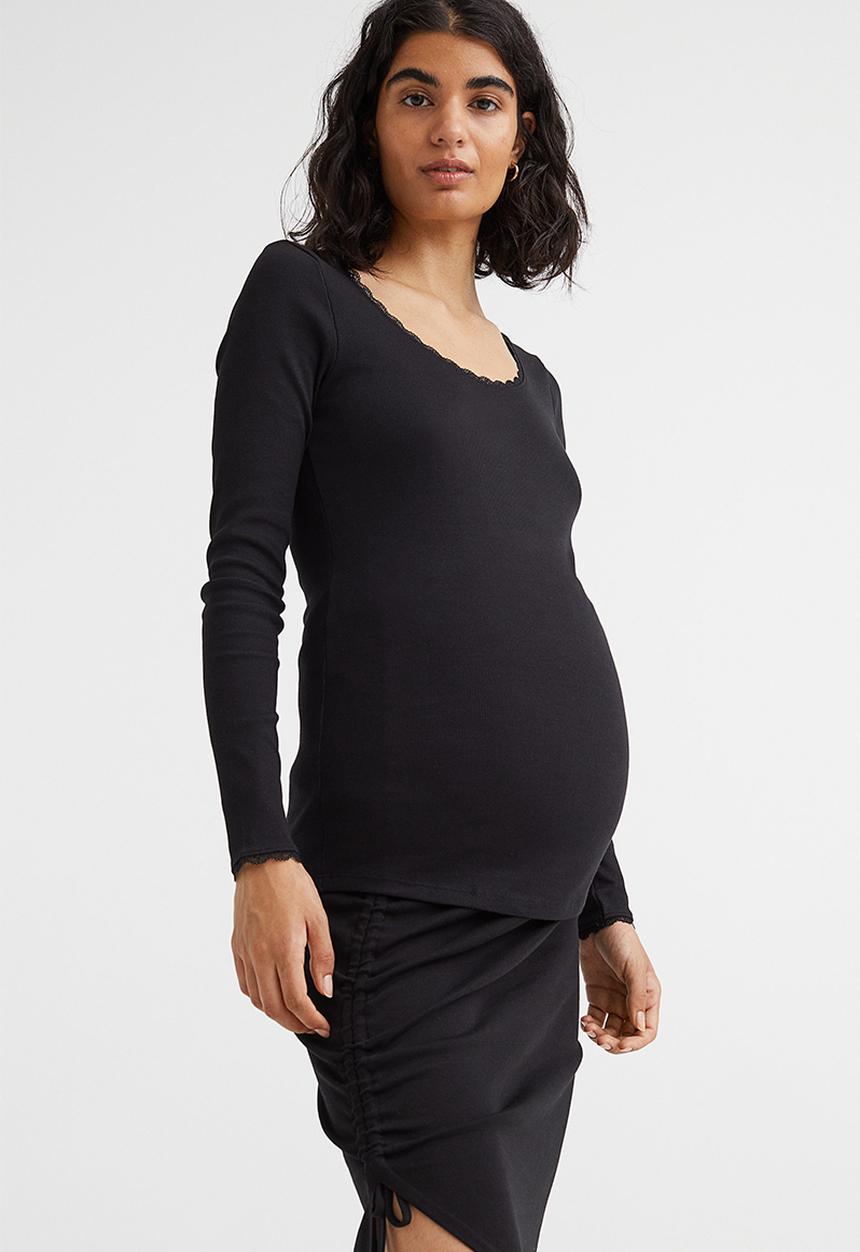 H&M - Mama lace-trim ribbed top - black
