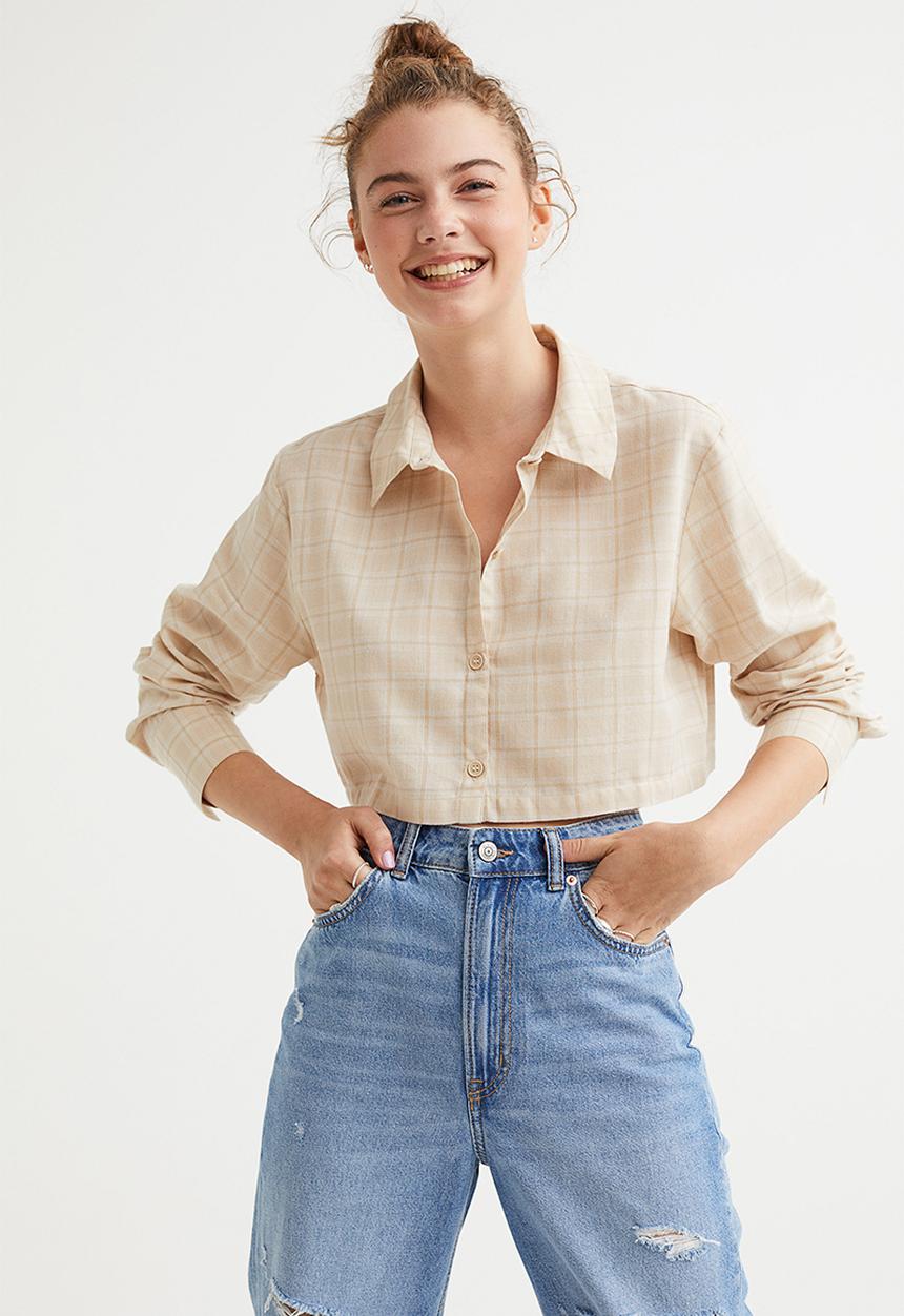 H&M - Cropped cotton shirt - light beige/white checked