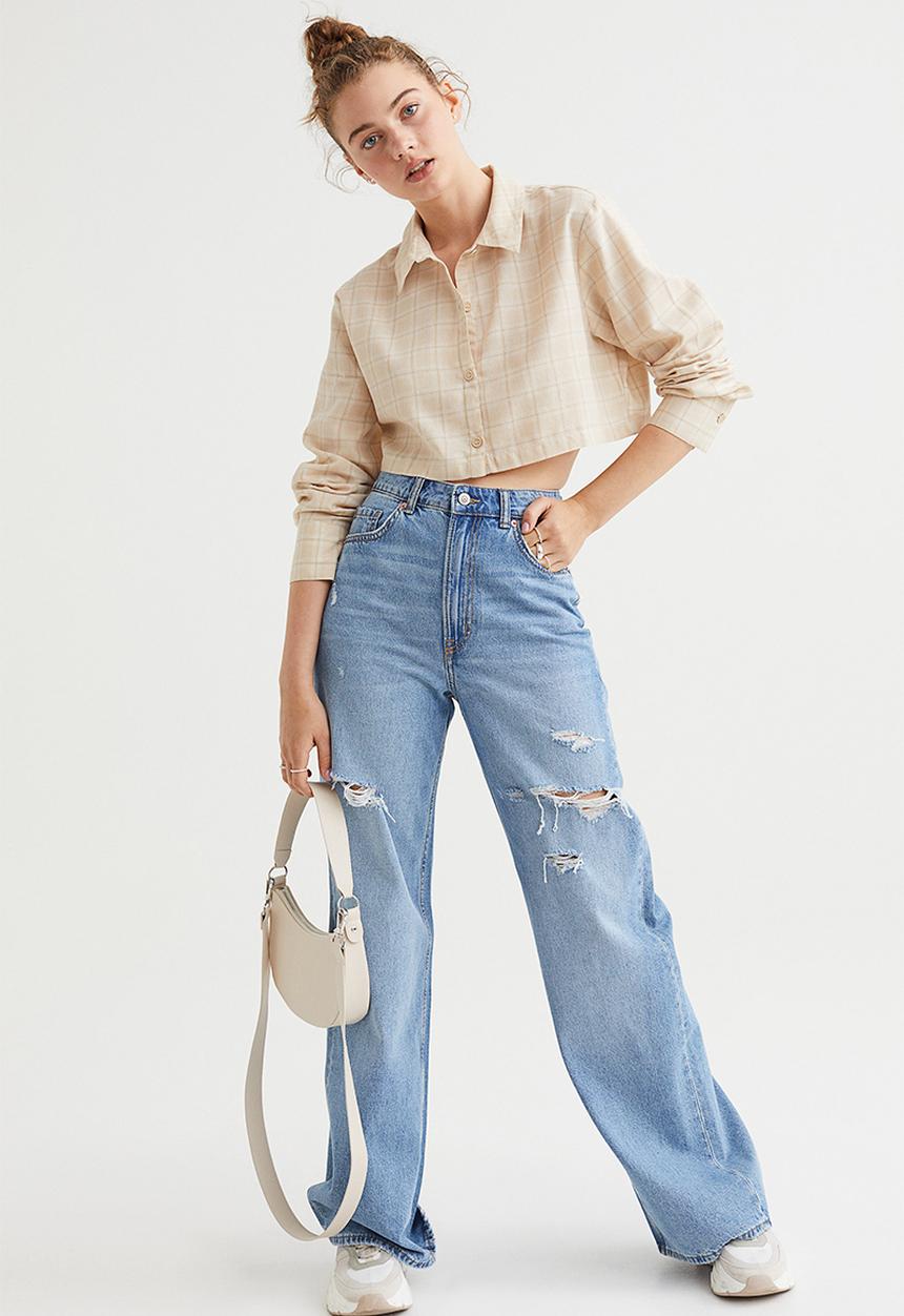 H&M - Cropped cotton shirt - light beige/white checked