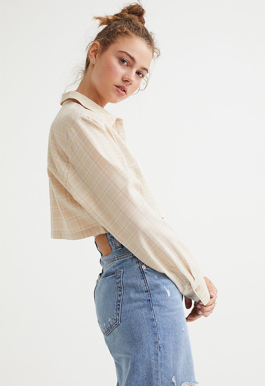 H&M - Cropped cotton shirt - light beige/white checked