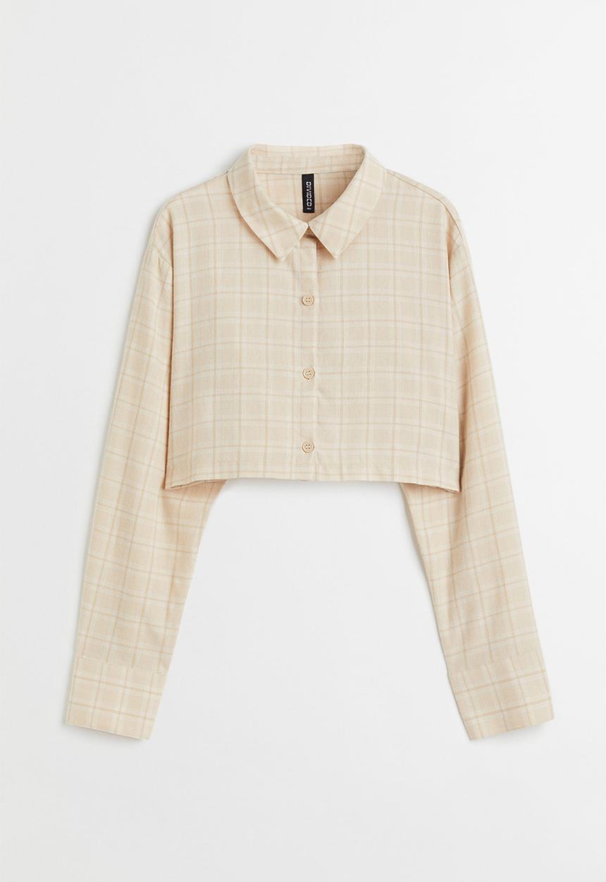 H&M - Cropped cotton shirt - light beige/white checked