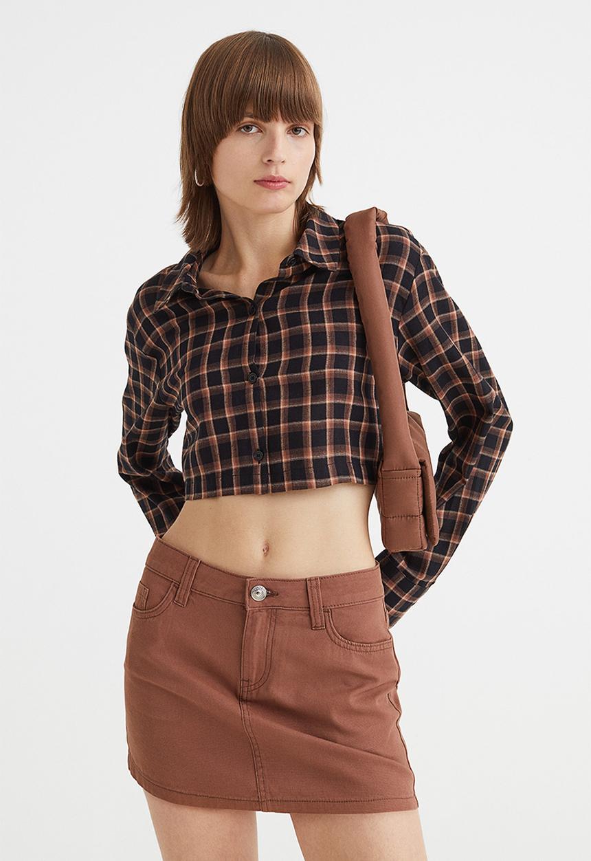 H&M - Cropped cotton shirt - black/checked 