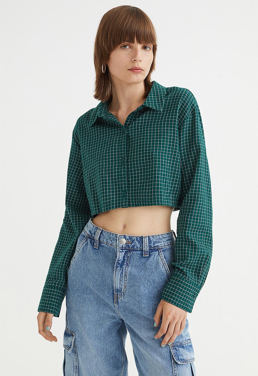 H&M - Cropped cotton shirt - dark green/checked