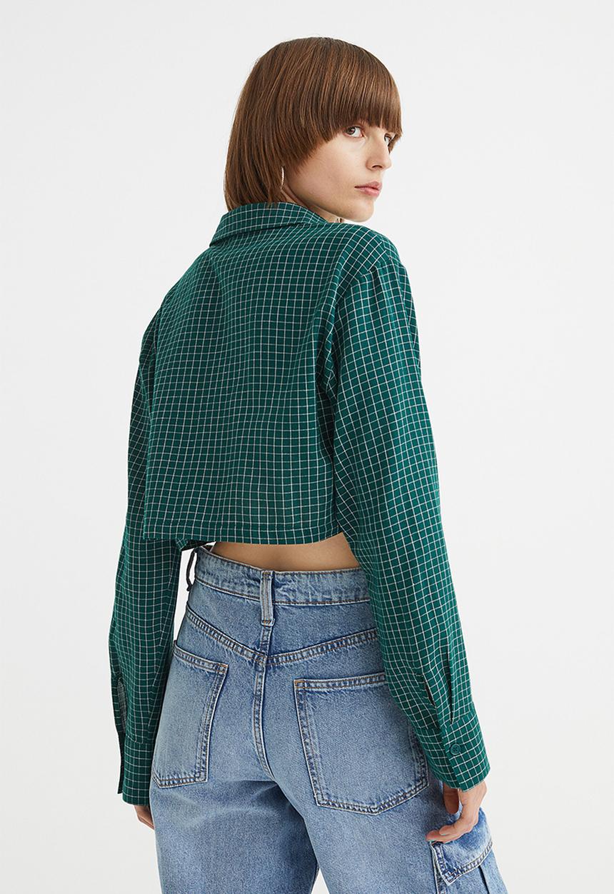 H&M - Cropped cotton shirt - dark green/checked