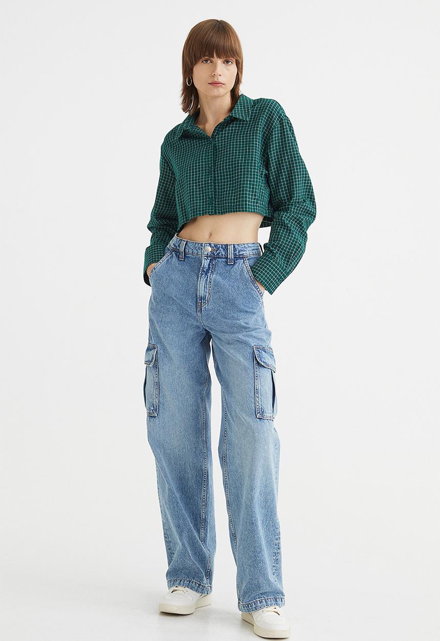 H&M - Cropped cotton shirt - dark green/checked