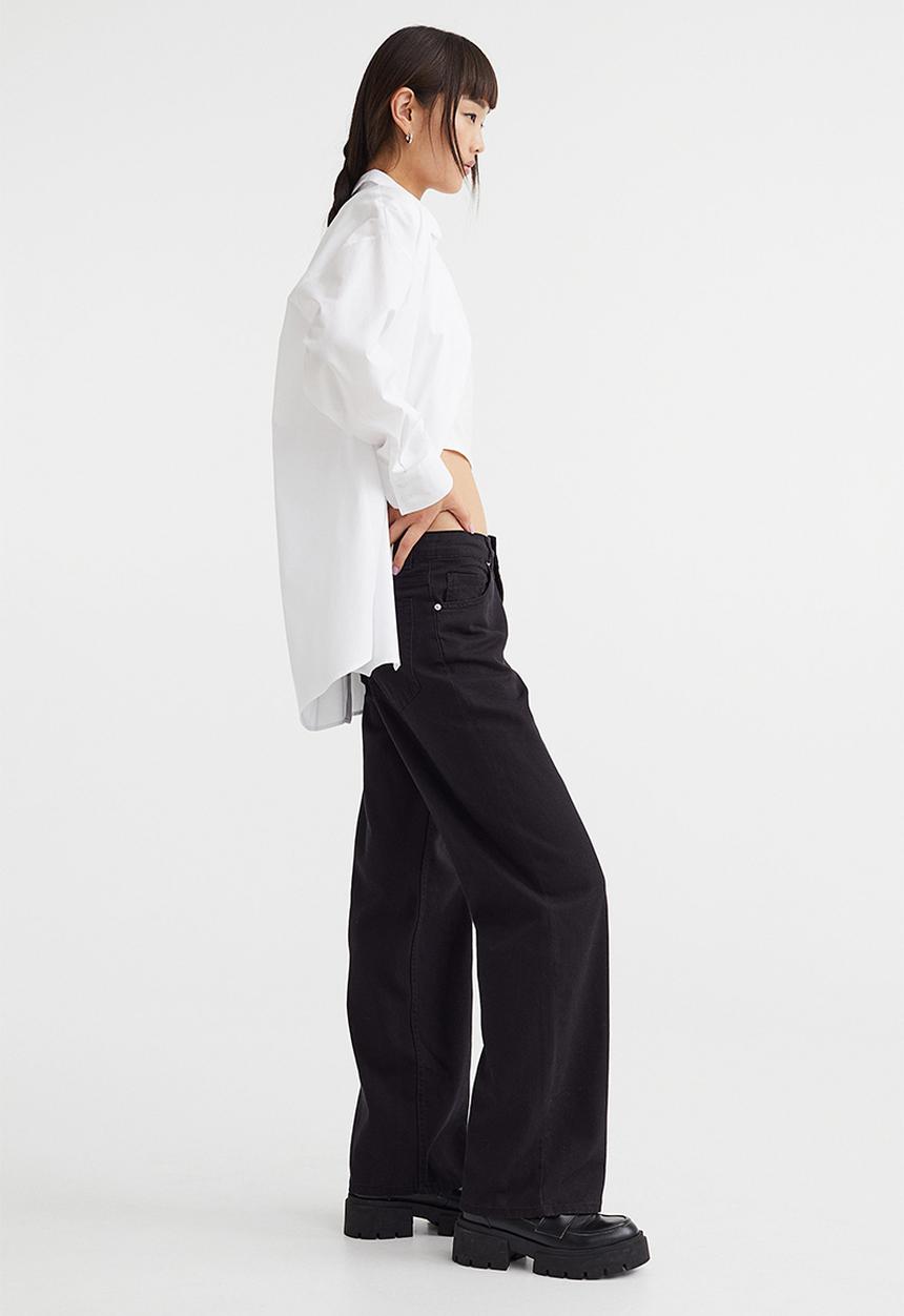 H&M - Wide twill trousers - black I