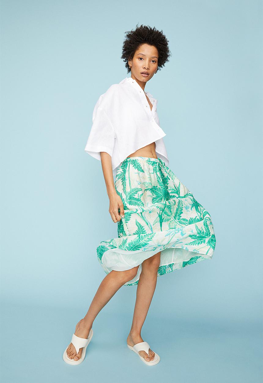 H&M - Calf-length skirt - light green/palm leaves