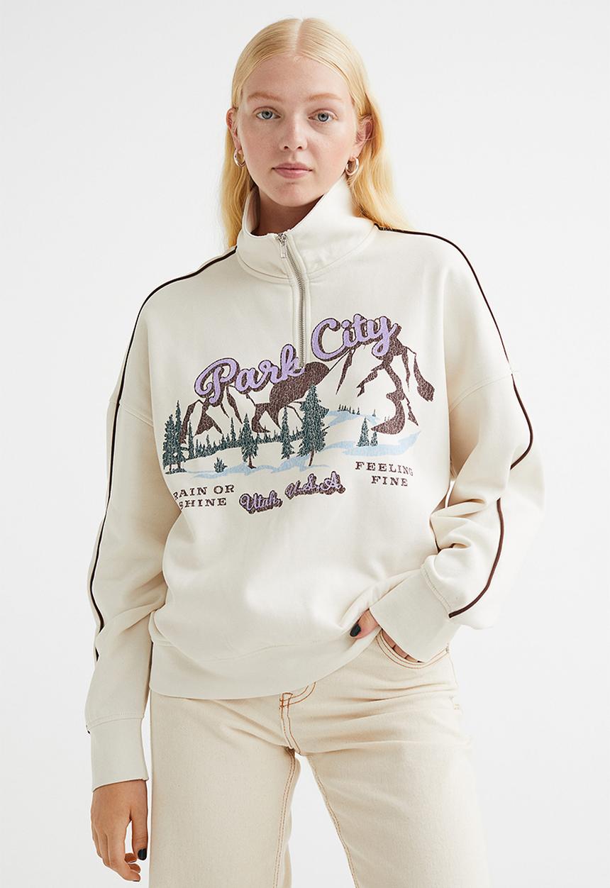 H&M - Oversized zip-top sweatshirt - cream/park city