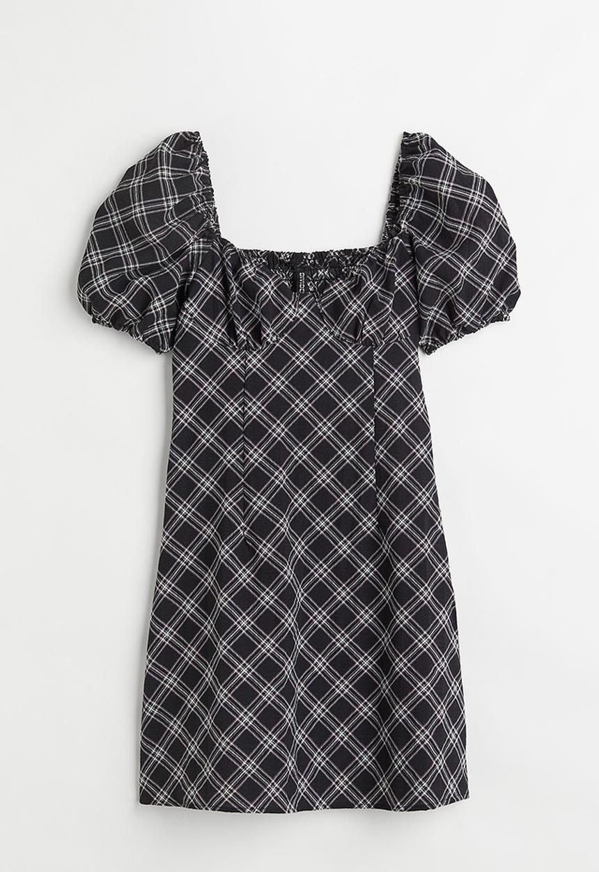 H&M - Puff-sleeved crêpe dress - black/checked