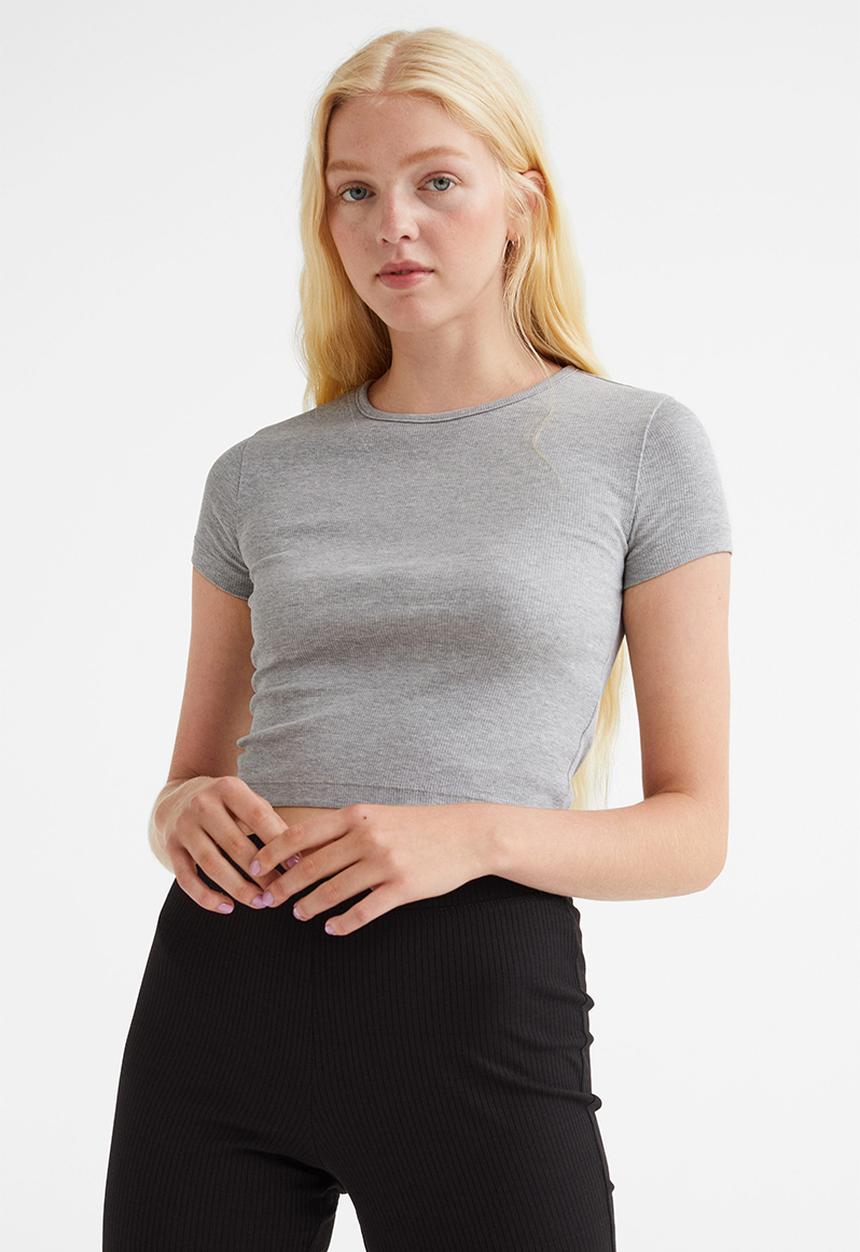H&M - Ribbed cropped top - light grey marl