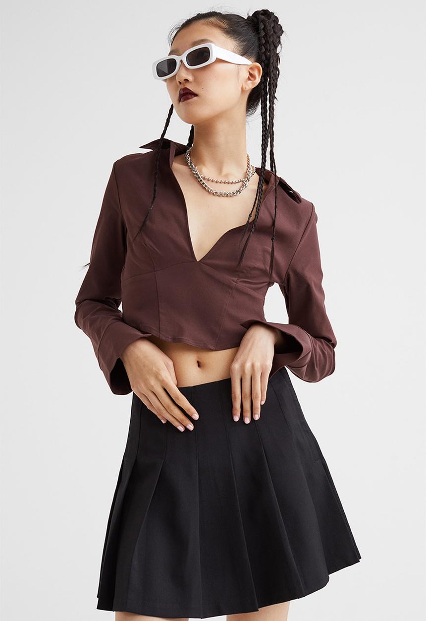 H&M - Corset-style v-neck shirt - dark brown