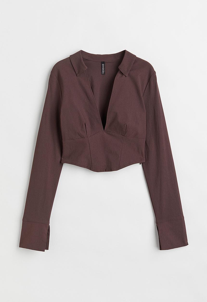 H&M - Corset-style v-neck shirt - dark brown