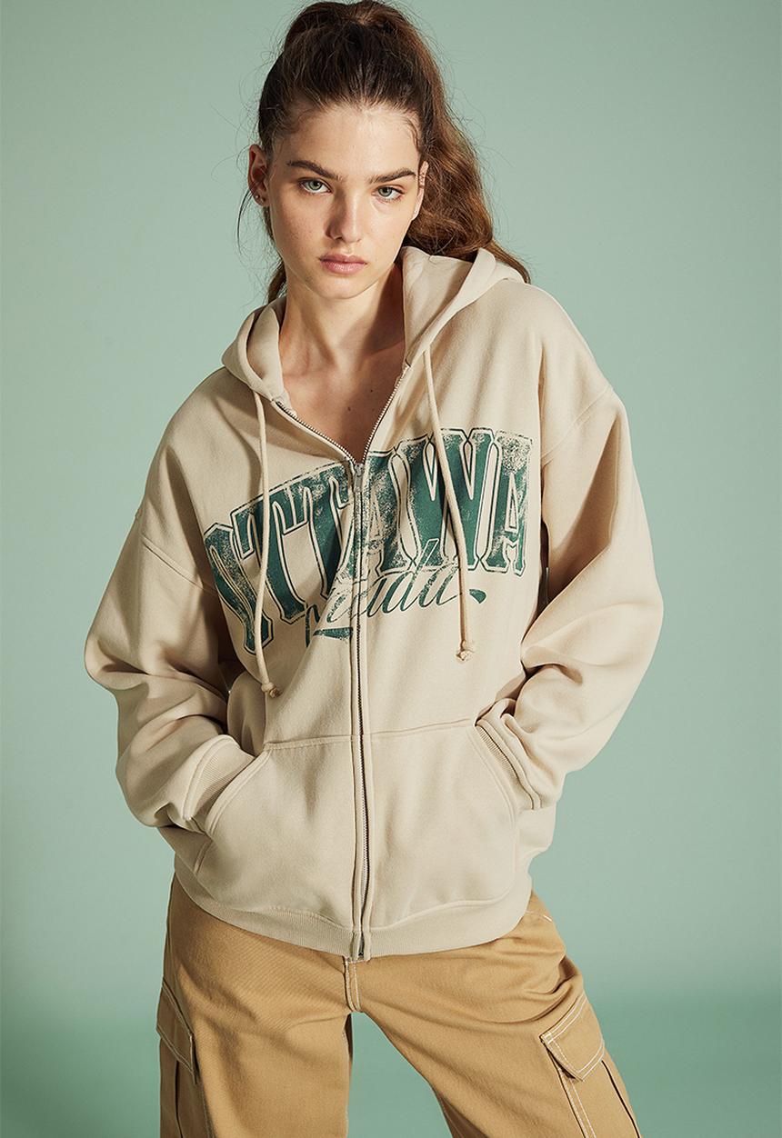 H&M - Oversized printed zip-through hoodie - light beige/ottawa