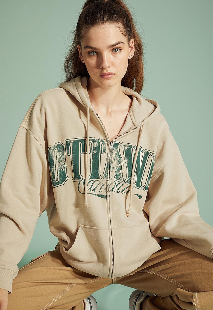 H&M - Oversized printed zip-through hoodie - light beige/ottawa