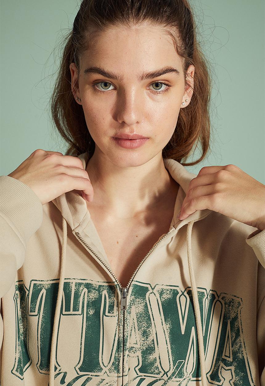 H&M - Oversized printed zip-through hoodie - light beige/ottawa
