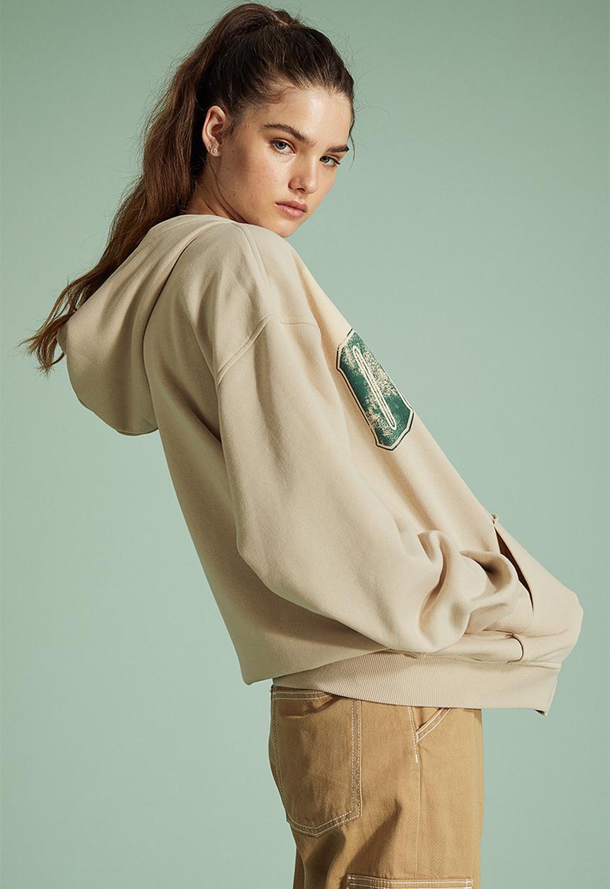 H&M - Oversized printed zip-through hoodie - light beige/ottawa