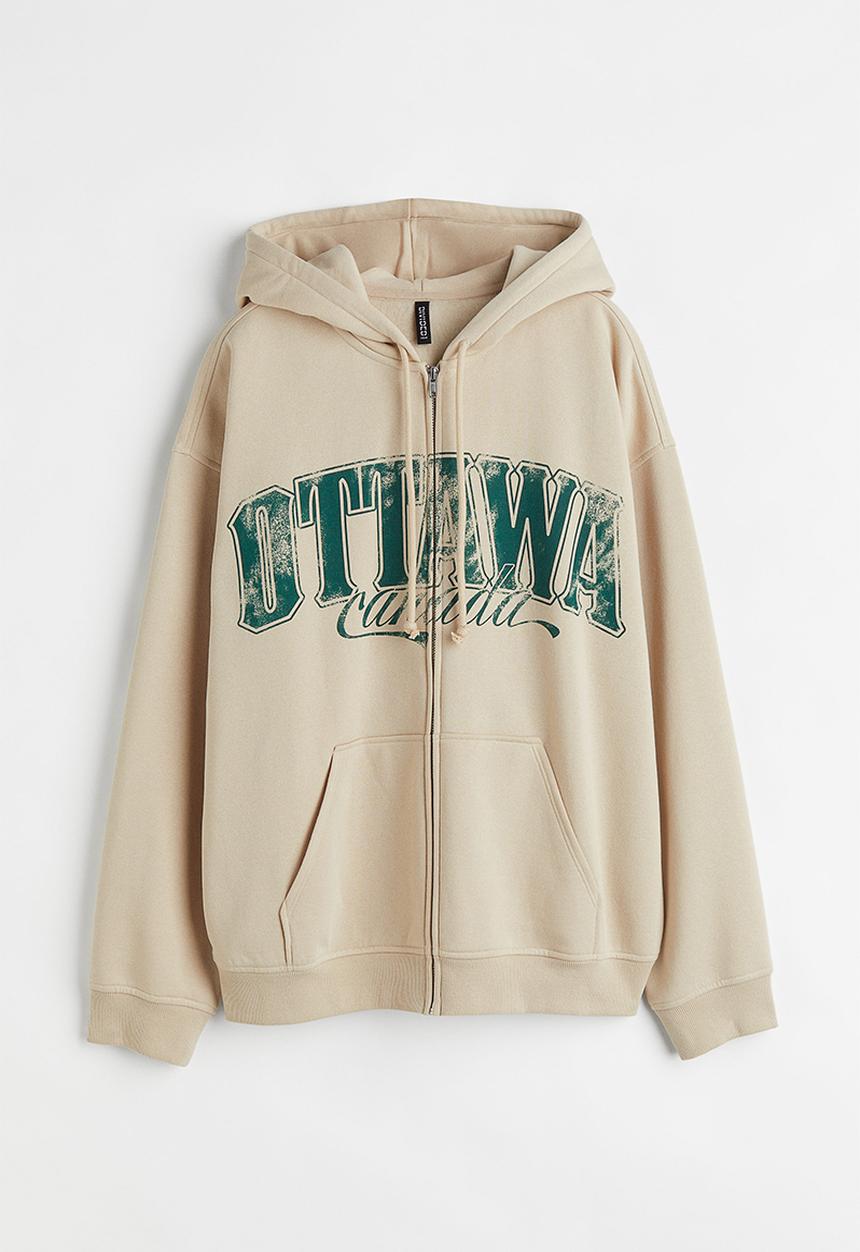 H&M - Oversized printed zip-through hoodie - light beige/ottawa