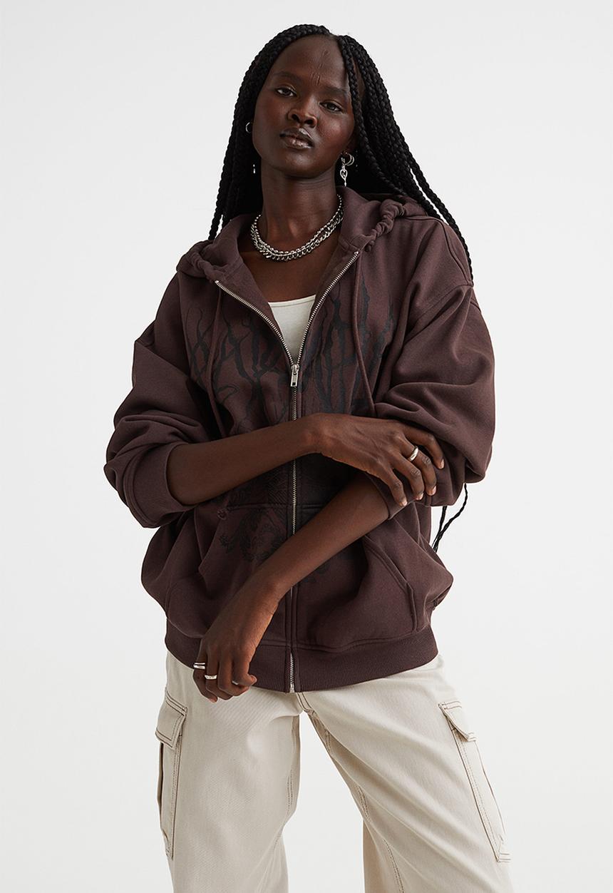 H&M - Oversized printed zip-through hoodie - dark brown/shadow play