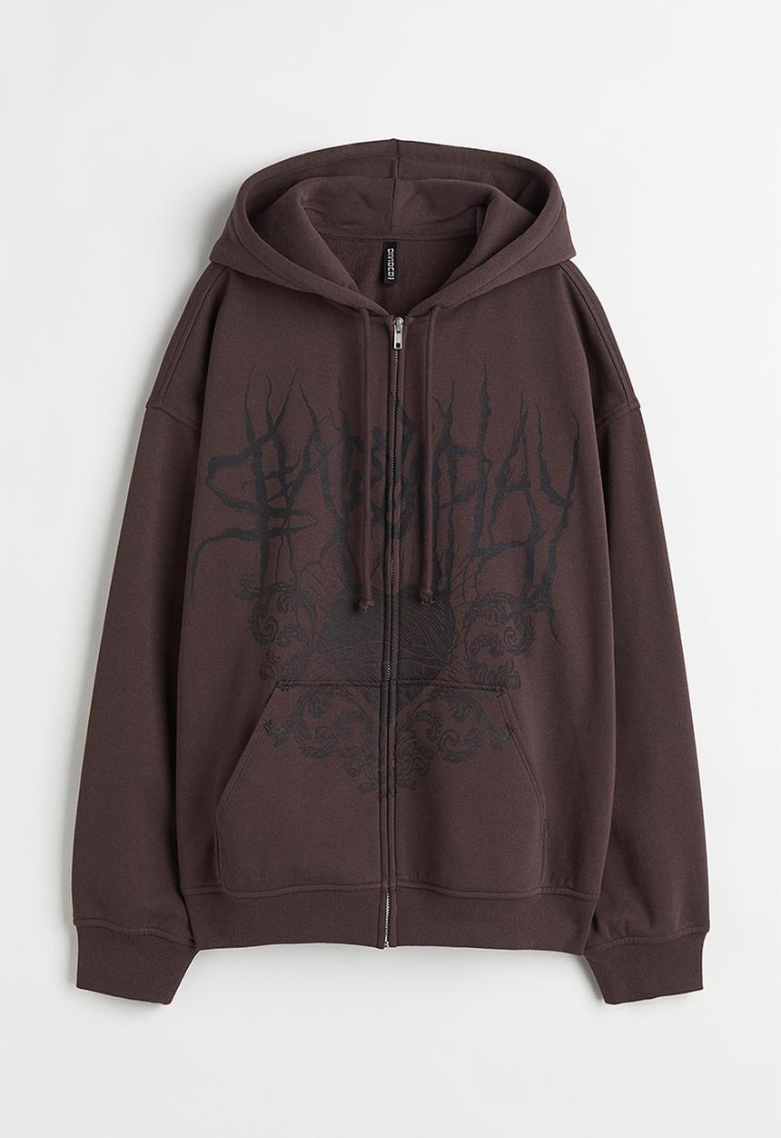 H&M - Oversized printed zip-through hoodie - dark brown/shadow play