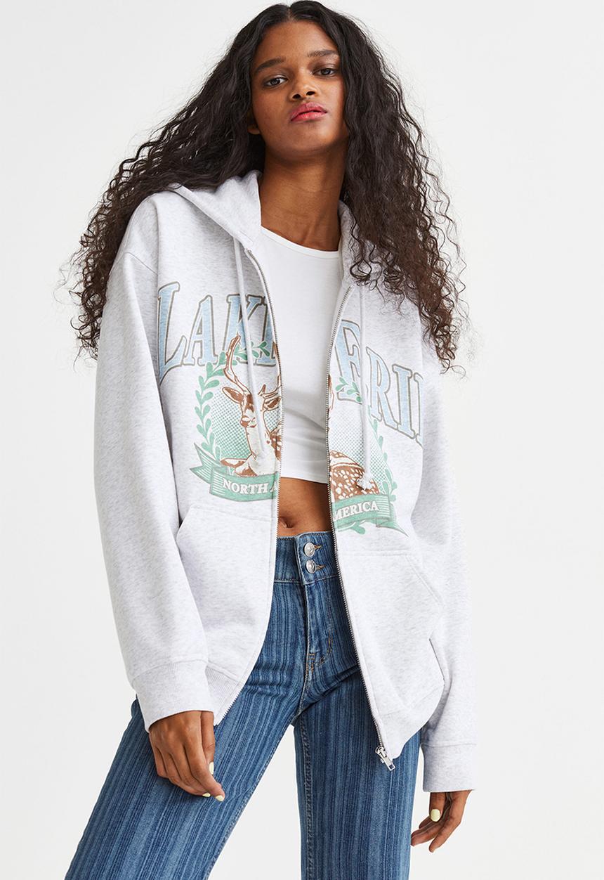 H&M - Oversized printed zip-through hoodie - light grey marl/lake erie