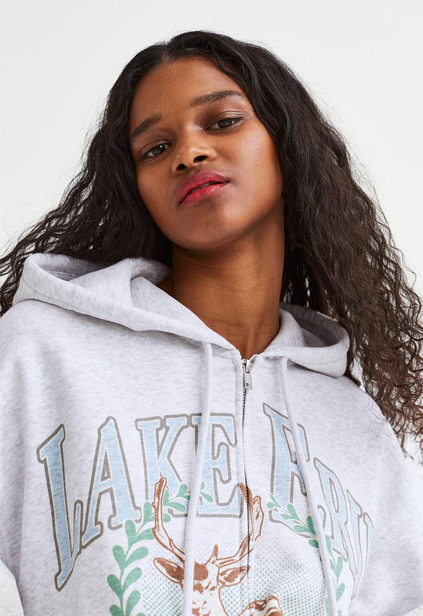 H&M - Oversized printed zip-through hoodie - light grey marl/lake erie