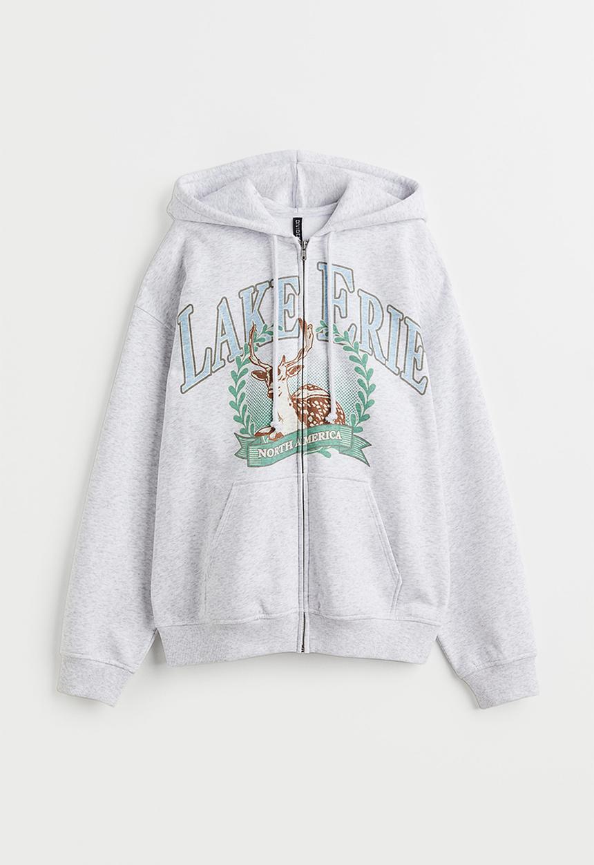 H&M - Oversized printed zip-through hoodie - light grey marl/lake erie
