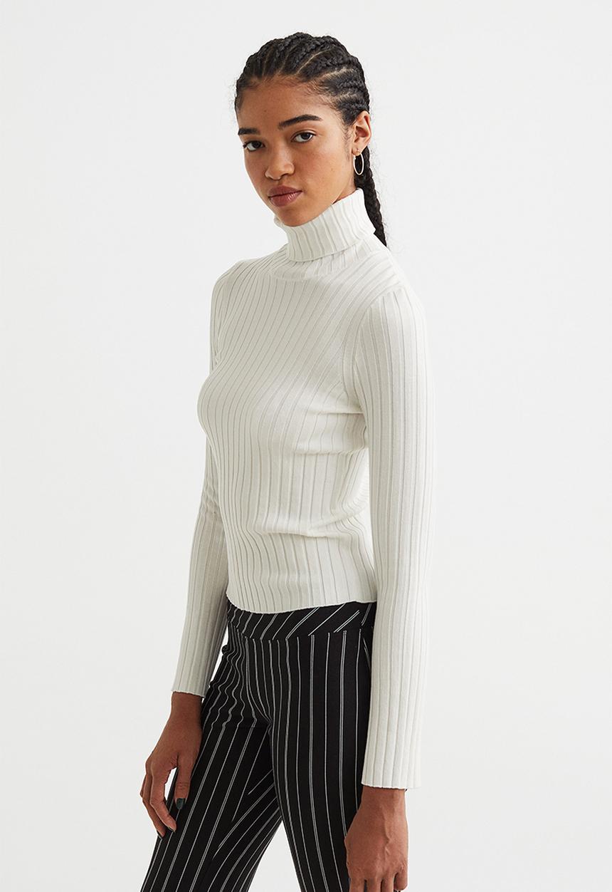 H&M - Rib-knit polo-neck top - cream