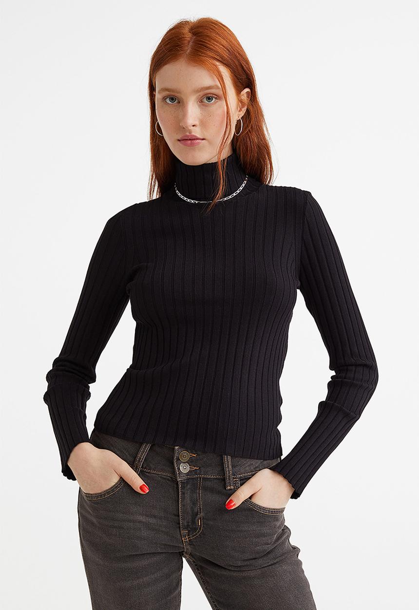 H&M - Rib-knit polo-neck top - black