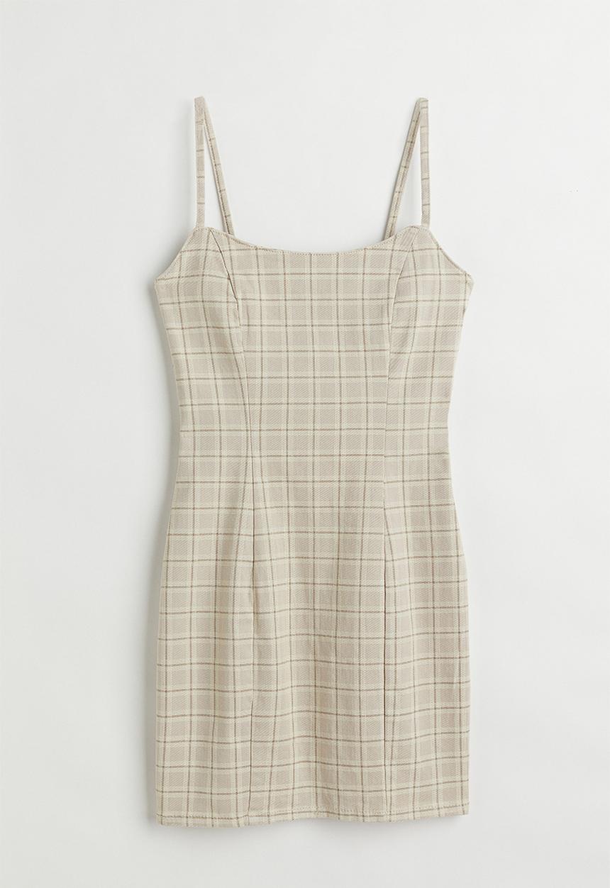 H&M - Denim bodycon dress - light beige/checked