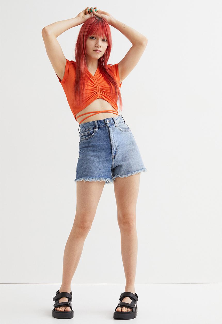 H&M - High waist denim shorts - denim blue