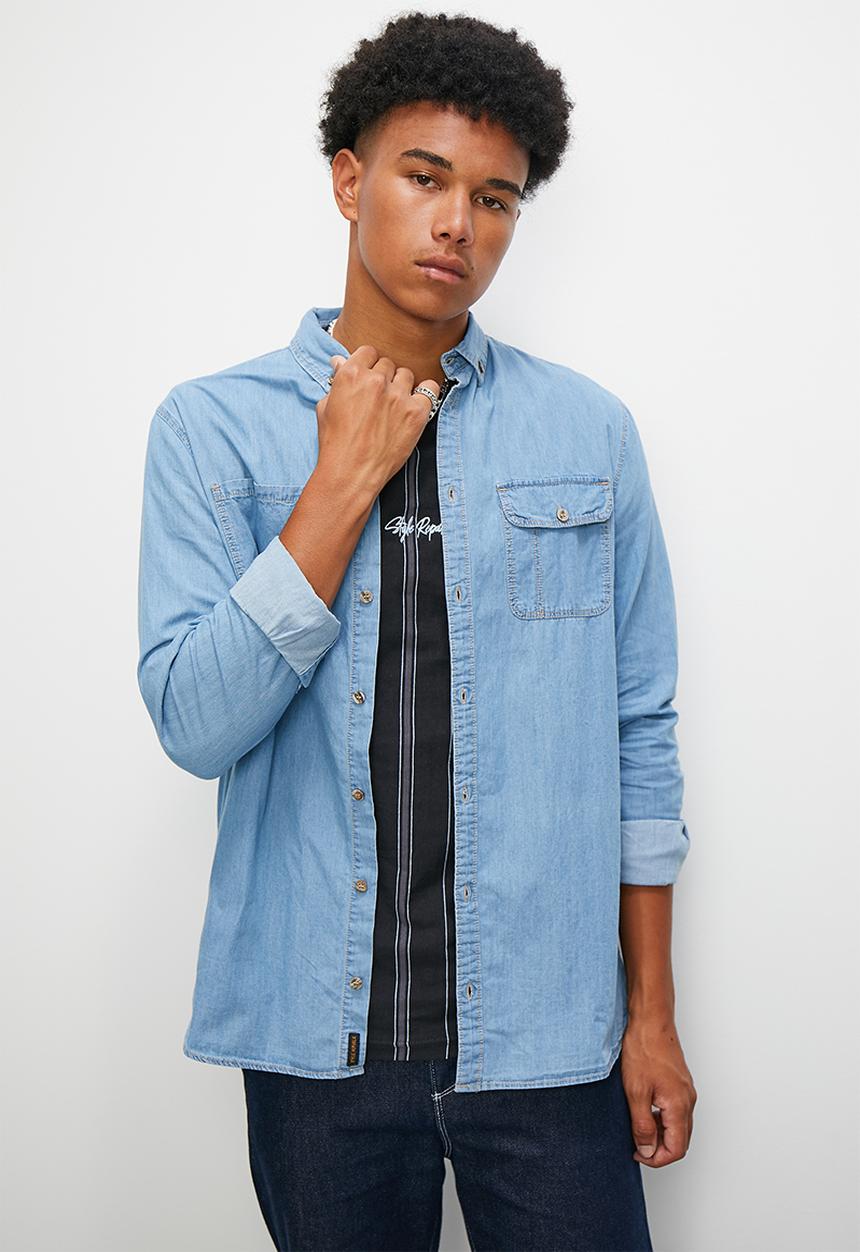 STYLE REPUBLIC - Oversized long sleeve washed flap pocket denim overshirt - light blue