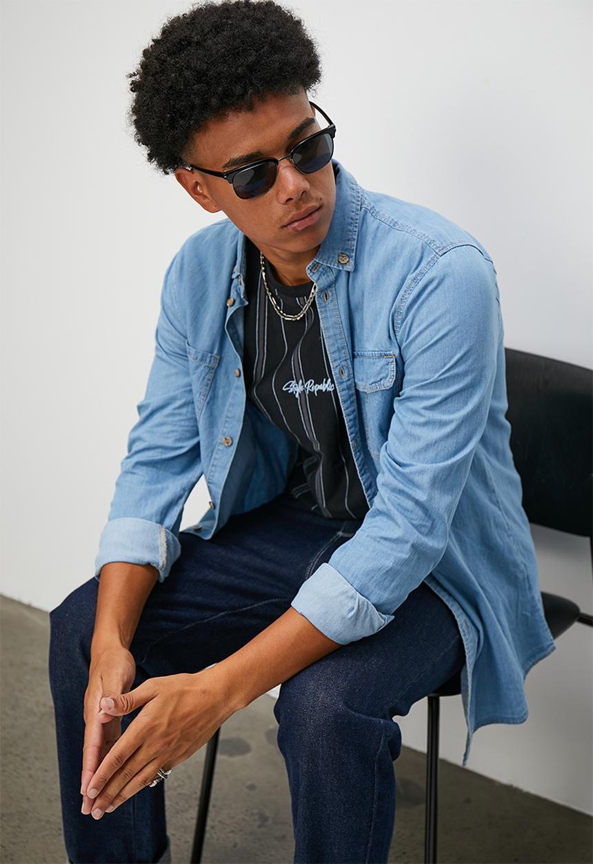 STYLE REPUBLIC - Oversized long sleeve washed flap pocket denim overshirt - light blue