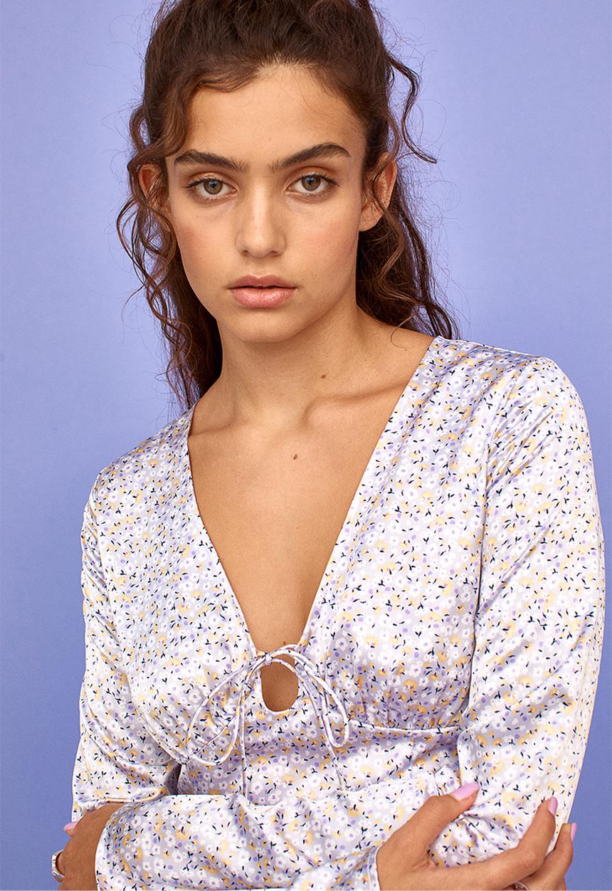 H&M - Patterned tie-detail dress - light purple/small flowers