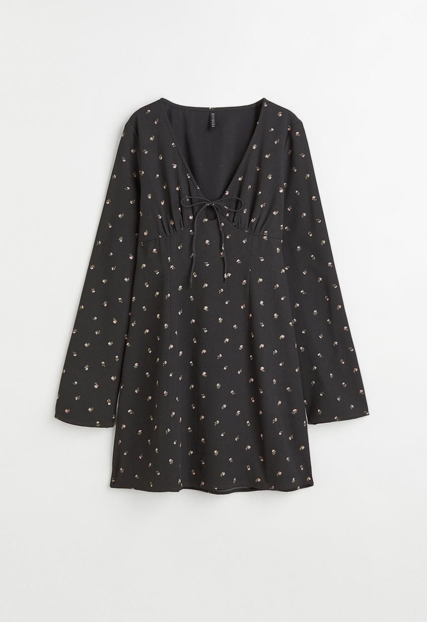 H&M - Patterned tie-detail dress - black/small flowers