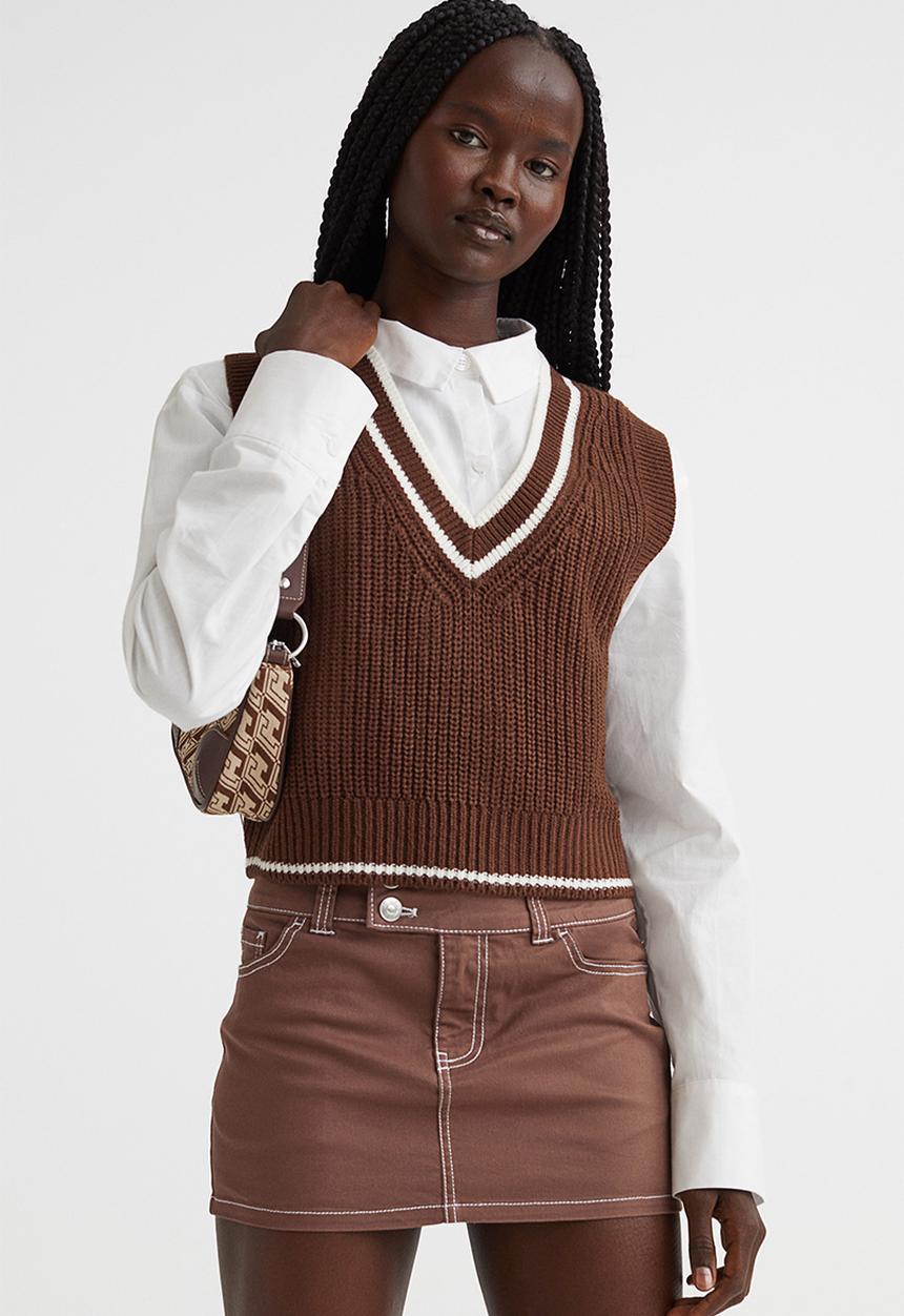 H&M - Rib-knit sweater vest - dark brown/white