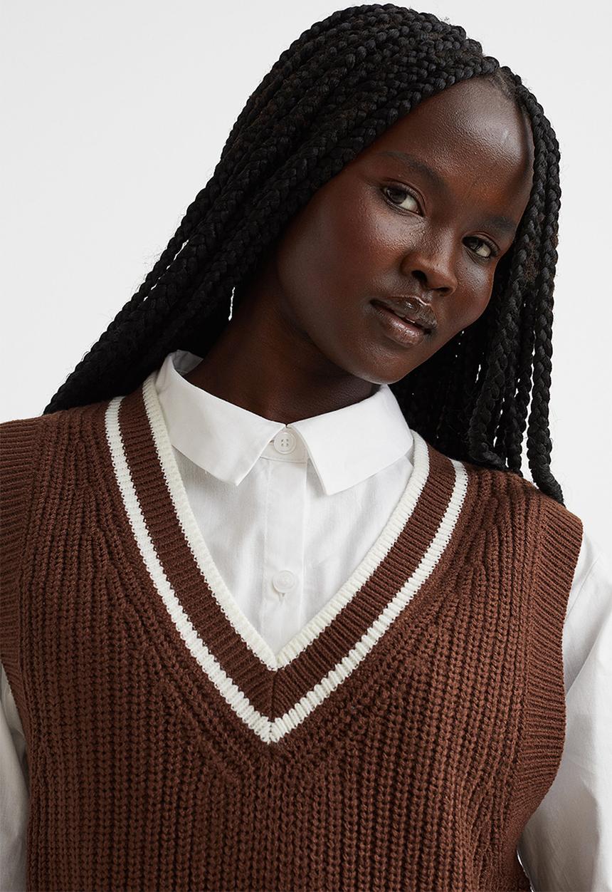 H&M - Rib-knit sweater vest - dark brown/white