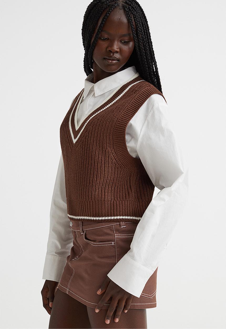 H&M - Rib-knit sweater vest - dark brown/white