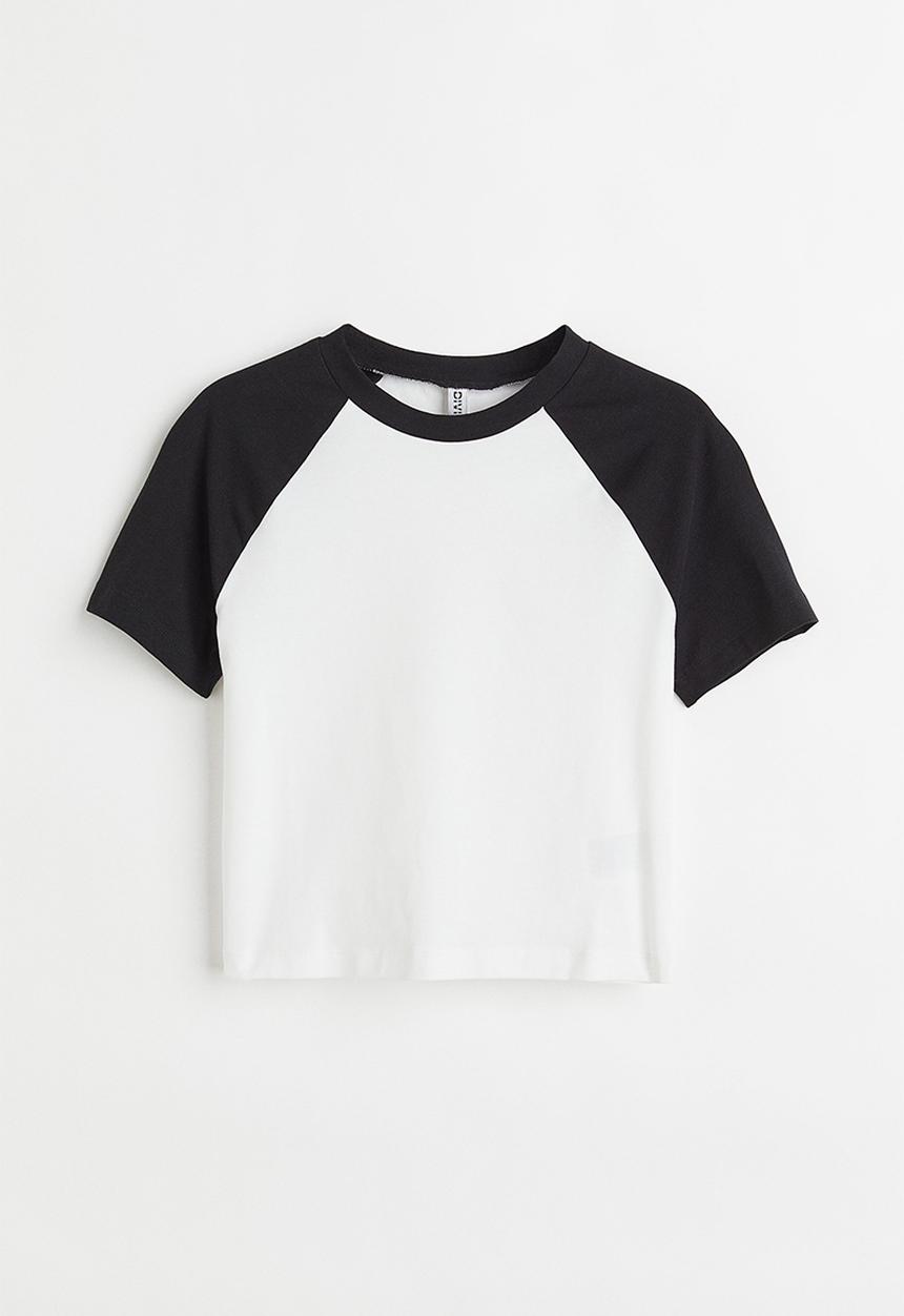 H&M - Cropped T-shirt - white/black