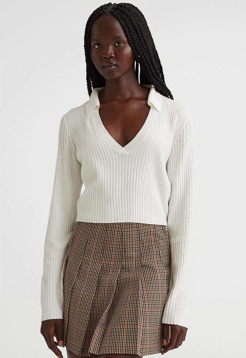 H&M - Collared rib-knit top - cream