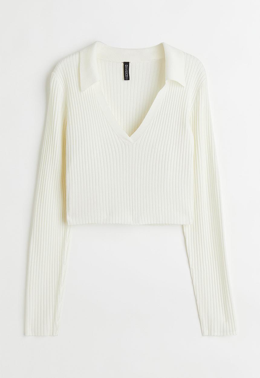 H&M - Collared rib-knit top - cream