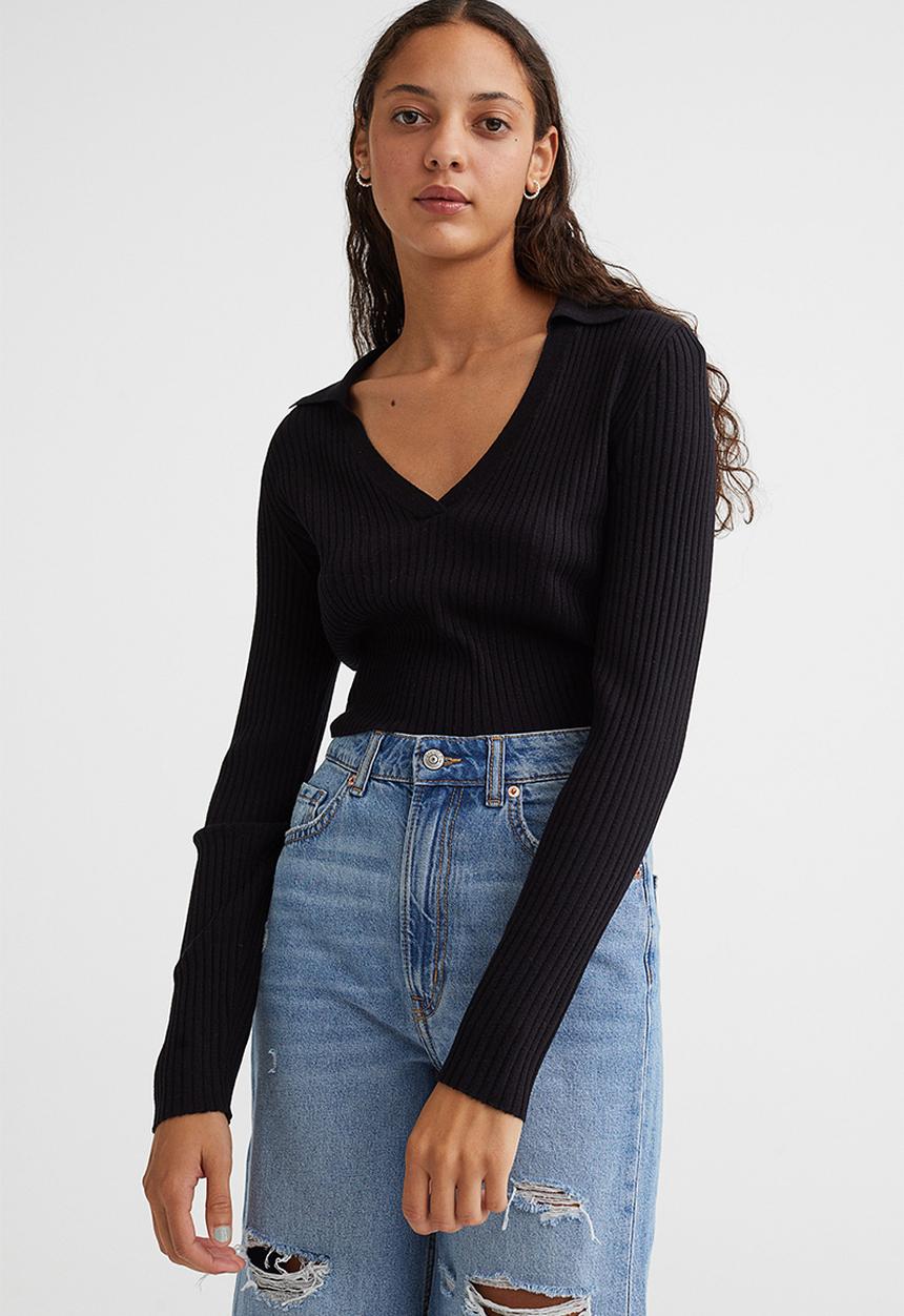 H&M - Collared rib-knit top - black